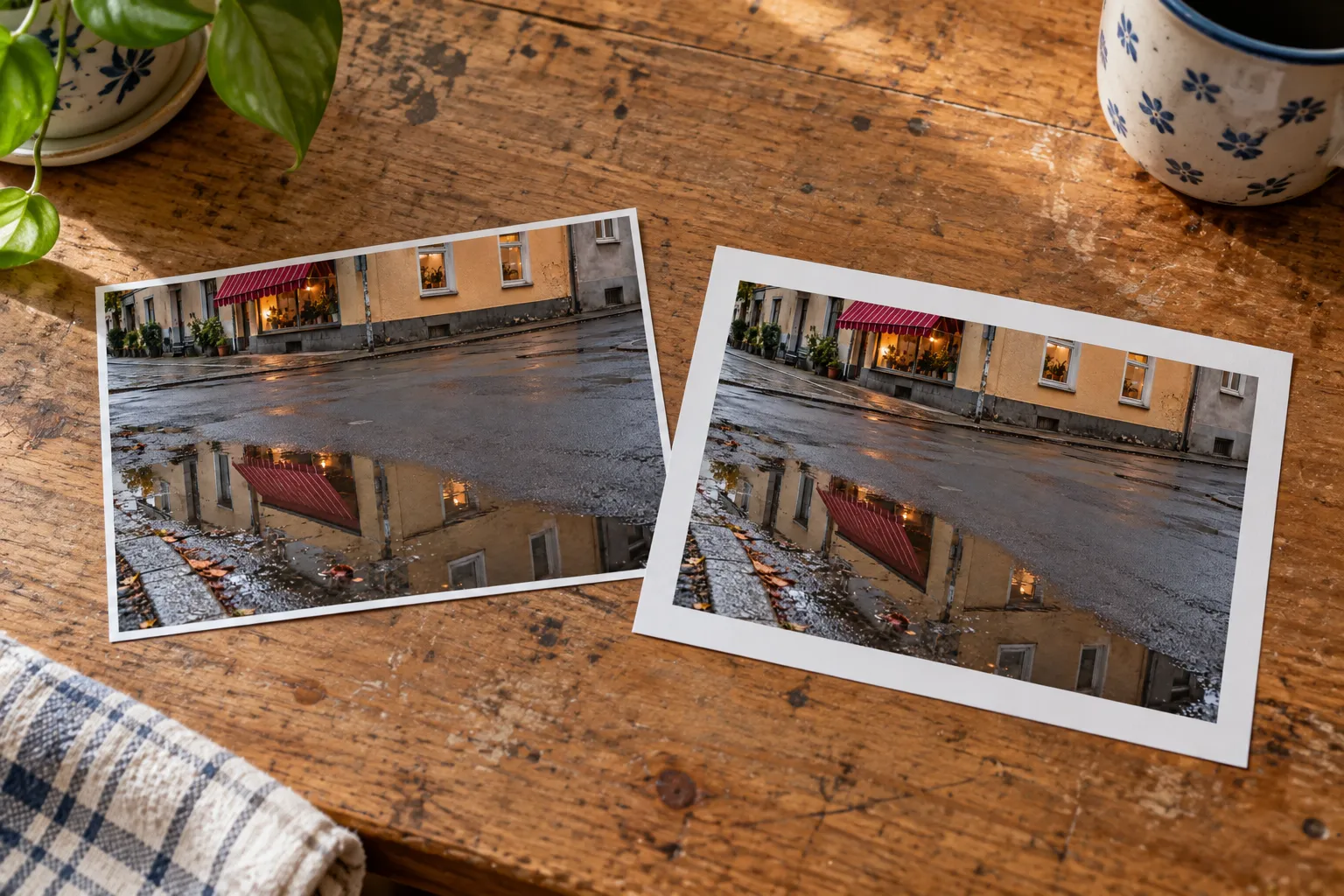 Zwei kleine Papierabzüge der nassen Straßenszene auf einem Tisch.
