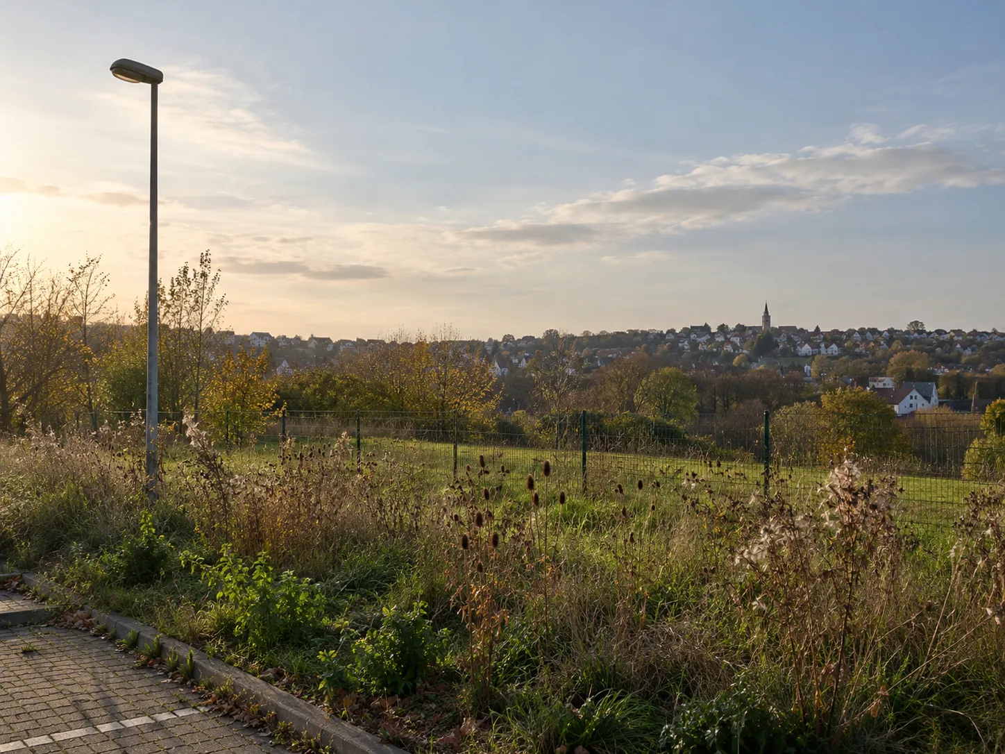 Wilder Wiesenrand mit Mast, Zaun und weitem Himmel.